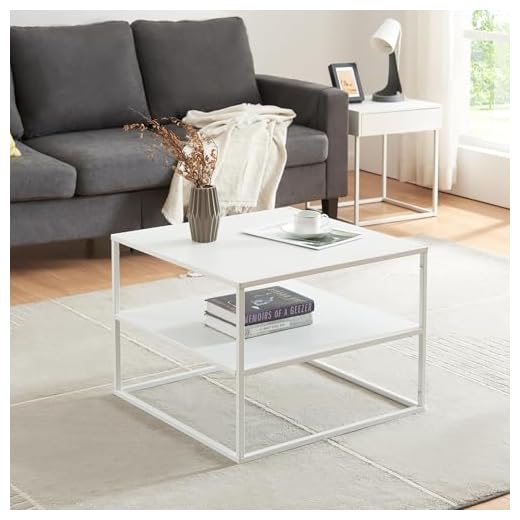[en.casa] Couchtisch Solund Beistelltisch mit Ablage Metall Weiß matt Wohnzimmertisch mit Stauraum 60 x 60 x 45 cm Sofatisch rechteckig Kaffeetisch