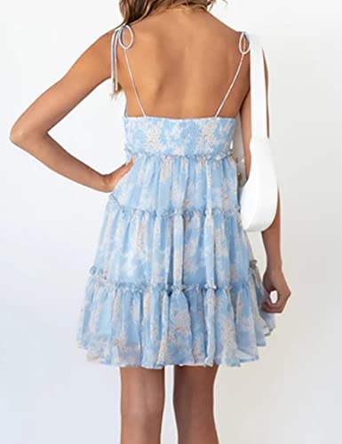 Image of Mansy Womens 2026 Summer Floral Mini Dress Boho Flowy Skater Dresses Short Sleeveless Ruffle Spaghetti Strap Dress
