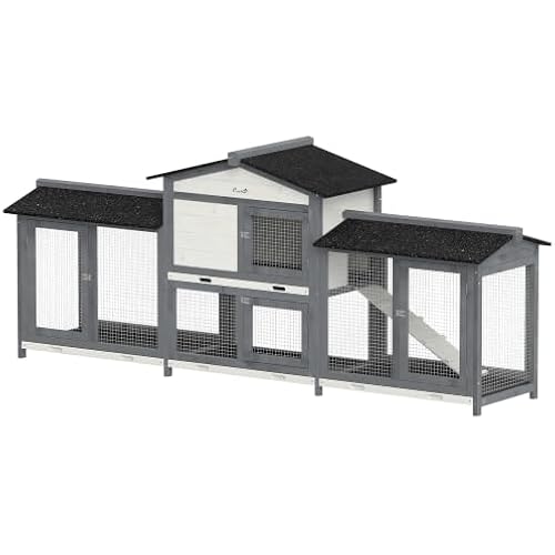 PawHut 90.5" Wooden Rabbit Hutch Bunny Cage Pet Playpen House Enclosure with Double Side Run Boxes, No Leak Tray, Ramp, for Guinea Pig and Small Animals, Light Gray