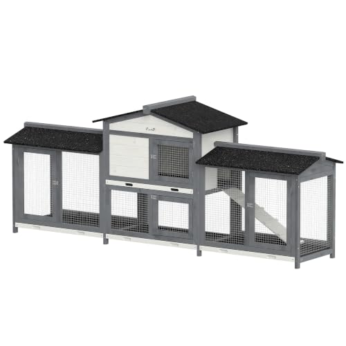 PawHut 90.5" Wooden Rabbit Hutch Bunny Cage Pet Playpen House Enclosure with Double Side Run Boxes, No Leak Tray, Ramp, for Guinea Pig and Small Animals, Light Gray