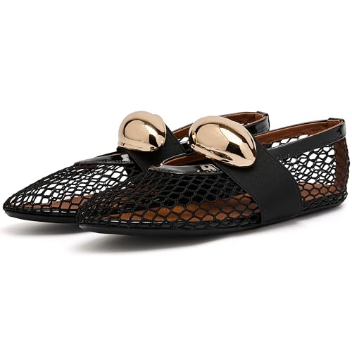 Mesh Ballet Flats for Women Gold Strap Fishnet Flats Round Toe Mary Jane Flats Casual Comfy Daily Dress Slip On Low Heel Ballerina Shoes