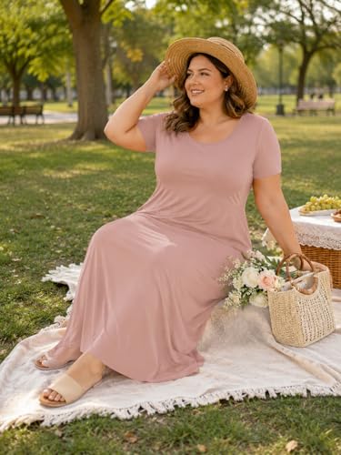 Image of SUZONANA Plus Size Maxi Dress for Curvy Women Summer Casual Sundress Short Sleeve Loose Vacation Dress