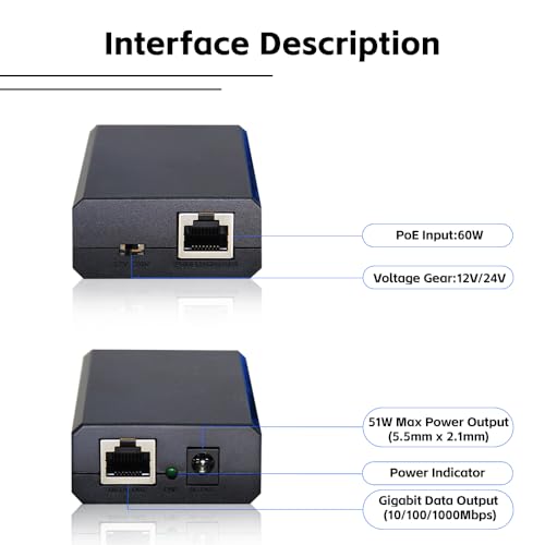 Image of 802.3bt Gigabit PoE++ Splitter to 12V /24V, 51W Power Adapter for PTZ Camera,DVR,NVR, LED Strip Light,Monitor