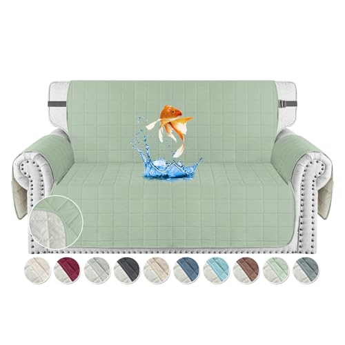MAXIJIN Waterproof Love Seat Couch Covers 2 Cushion Sofa, 49" Quilted Loveseat Cover Slipcovers for Pets Dog Couch Cover Protector with Elastic Strap & Side Pocket (Loveseat, Mint Green)