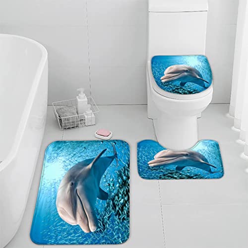 Badematte Meerestiere,Delfine Badematten Set rutschfest Waschbar Badgarnitur 3teilig - WC Deckelbezug U-förmigen Contour… – Bild 5