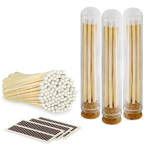 Decorative Matches in Mini Match Cloche Glass Jar Set | 4" White Tip Long Matches (100 Match Sticks) + 3 Cork Top Dome Glass Holders + Striker Stickers | by Thankful Greetings, USA