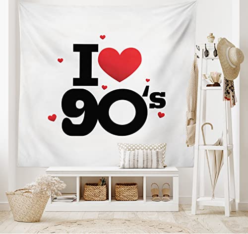 Ambesonne 90S Tapestry, I Love 90S Illustration With Hearts Decade Old Days Best Times, Wall Hanging For Bedroom Living Room Dorm Decor, 40" X 60", Pale Grey Red Black #TOP24