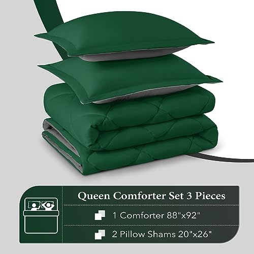 downluxe Queen Comforter Set - Dark Green and Grey Queen Comforter, Soft Bedding Sets for All Seasons -3 Pieces - 1 Comforter (88"x92") and 2 Pillow Shams(20"x26")