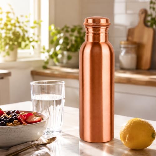 Image of Alpha Living Home Pure Copper Water Bottle 32 Oz Extra Large Wide Mouth Leak Proof Drinking Bottle with Brush, Ayurvedic Reusable Metal Bottle for Travel Office Gym, Pure Copper