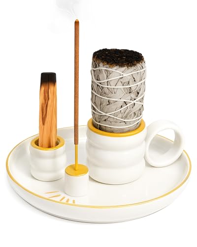 BS-VOG Palo Santo Porte-encens 4 en 1 pour brûler de la sauge, des bâtons et des bougies, brûleur d'encens en céramique avec poignée, bac récupérateur...