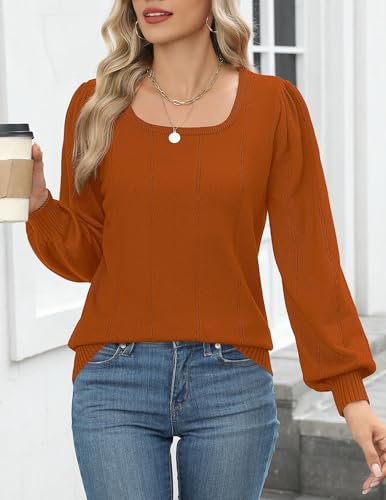 Image of HOTOUCH Sweaters for Women 2026 Fall Trendy Tops Casual Puff Sleeve Square Neck Cute Tunic Pullover Blouses XS-XXL