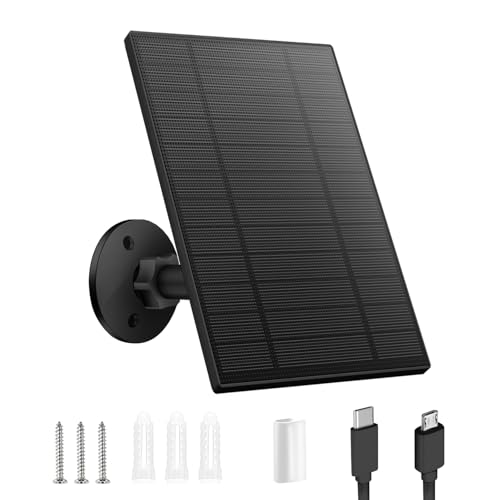 Image of 5W Solar Panel for Security Camera, Solar Panel with Micro USB & USB-C Port for DC 5V Outdoor Rechargeable Battery Camera, IP65 Waterproof, 360 Adjustable Security Mount, 9.8ft Cable(Black 1PC)