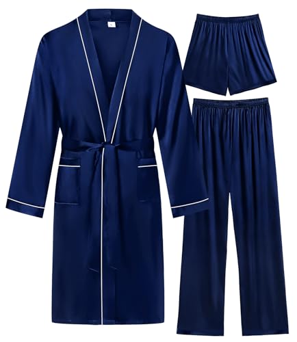 Image of SWOMOG Mens 3 PCS Satin Robe with Pants & Shorts Set Kimono Bathrobe Long Sleeve Sleepwear Pjs Sets with Pockets Deep Navy Blue Small