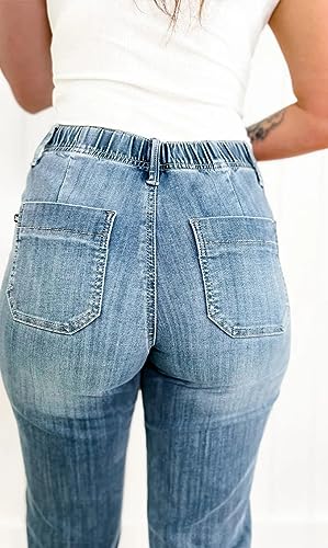 QQLADY Women Pull On Denim Joggers, Elastic Waist Stretch Drawstring Jeans with Pocket3