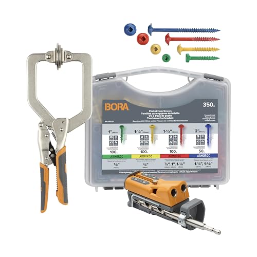 BORA Pro Compact Pocket Hole Jig Kit, 3 inch Face Clamp & 350pc Screw Set - Auto Adjust Drill Guide, Durable Pocket Hole Jig for Woodworking & Tight Spaces - For Materials 1/2 inch to 1 1/2 inch Thick