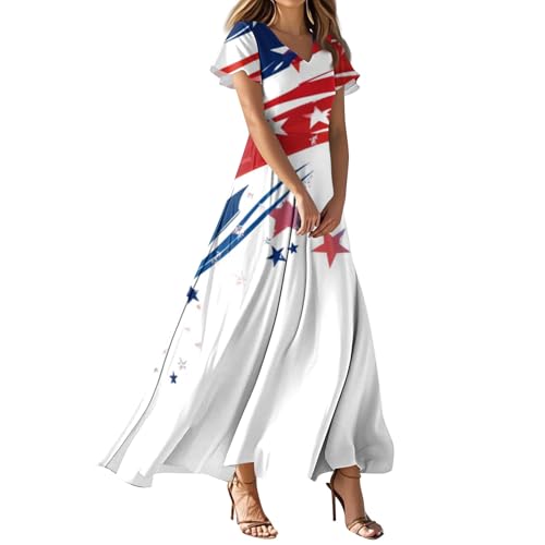 Beach Wedding Guest Dress, Women's 2025 4th of July Round Neck Short Sleeves Floral Striped Swing Elegant Long Maxi Spring Summer Clothes (XS, Dark Blue)
