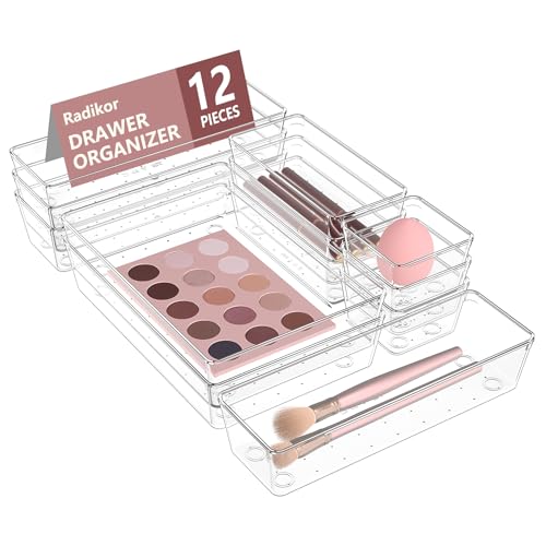 Radikor Schubladen Organizer, 12 Stücke Schminktisch Organizer in 4 Größen, Drawer Organizer, Make Up Organizer, Schubladen Ordnungssystem für Schreibtisch, Büro, Küchen, Bad