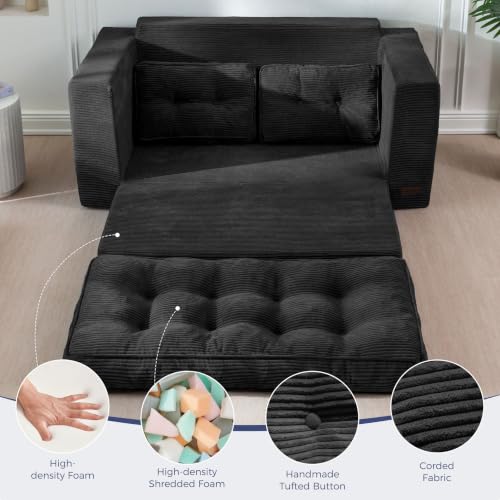 Image of MAXYOYO Convertible Sofa Bed, Pull Out Loveseat Sofa Couch, 2 in 1 Folding Couch Bed, Fold Out Floor Couch with Pillows for Living Room Bedroom Lounge, Black