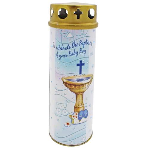 17cm Pillar Candle for Baptism of Baby with Windproof Cap and Prayer (Baby Boy 3808)