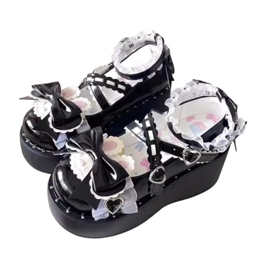Round Toe Platform Mary Jane Shoes with Bunny Bow and Lace Trim Cute Soft Sole Lolita Style Flats
