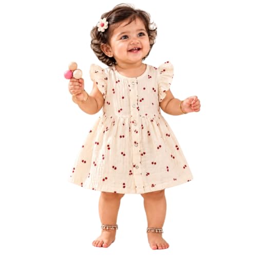 Image of Lilimi Toddler Baby Girl Cotton Muslin Dress, Breathable Flutter Sleeve Button-Front Cute Frocks