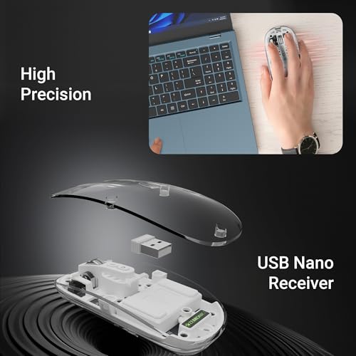 Image of ZEBRONICS Sheer Rechargeable Wireless Mouse, Dual Mode (2.4GHz + BT), Dual Bluetooth, Silent Operation, Transparent Body, RGB, Battery Indicator, for Mac | Laptop | Computer (White)