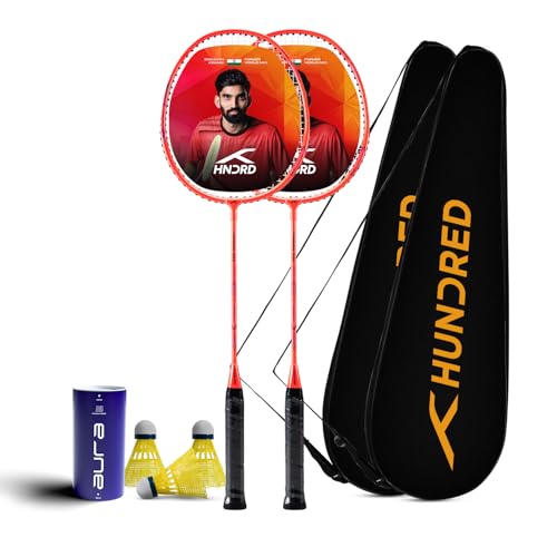 Image of Hundred Powertek 200 Aluminium Badminton Racket Combo, 2 Strung Rackets with 2 Full Covers & 3 Aura Nylon Shuttlecocks, Lightweight Shuttle Bats for Match Play