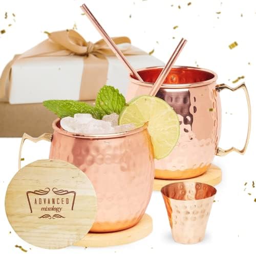 Advanced Mixology [Gift Set] Authentic Moscow Mule Mugs Set of 2 (16oz) | Solid Barrel 100% Copper Mugs Set w/ 2 Straws, 2 Wooden Coasters & 1 Shot Glass | Tarnish-Resistant Food Grade Lacquer Coat