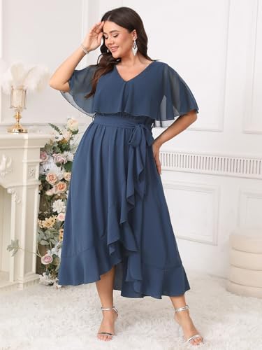 Image of Women Plus Size Long Formal Dress Short Sleeve Chiffon Ruffle V Neck High Low Split Wedding Guest Maxi Dresses