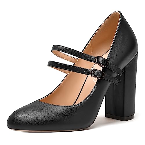 NUMALEO Womens Ankle Strap Round Toe Buckle Stylish Fashion Party Matte Block High Heel Pumps Shoes 4 Inch