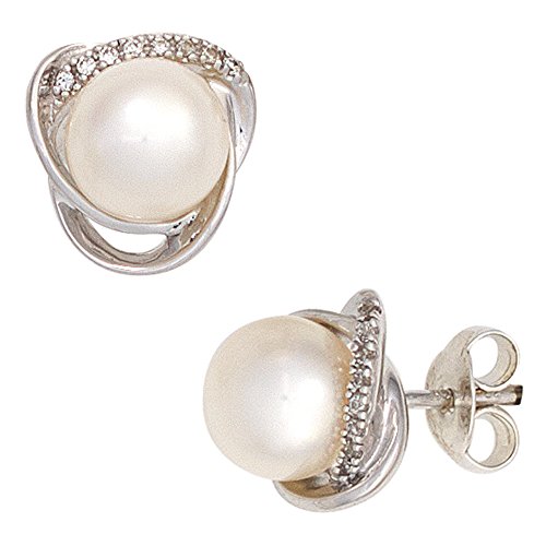 Jobo Damen-Ohrstecker aus 14 Karat 585 Weißgold mit Perlen und 16 Diamanten