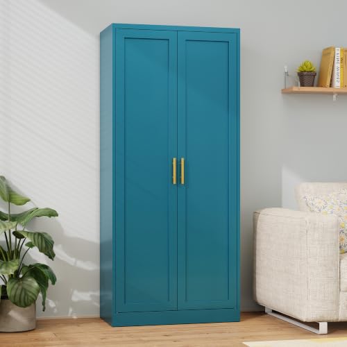 Image of Metal Pantry Cabinet, 71 inchH x 28 inchW x 14 inchD Pantry Cabinets with 2 Doors and 4 Adjustable Shelves, Kitchen Pantry Storage Cabinets, Metal Storage Cabinet for Kitchen, Dining Room, Living Room-Blue