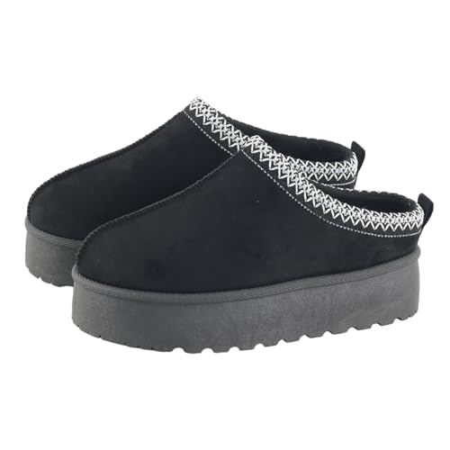 MIOBER Ladies Suede Slipper, Women's Slip On Indoor Platform Slippers,Faux Fur Warm,Plush Thermal with Anti-Skid Sole,Lined Outdoor Winter Boots(MOBI3-BK,UK05)