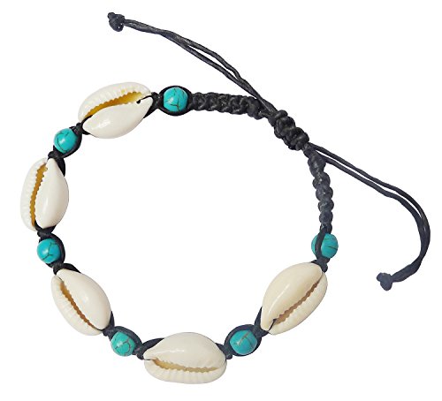 Bijoux De Ja BDJ Handwoven Turquoise-Blue Beads Cowrie Shell Wax Cord Bracelet Anklet 8.5-11 Inches