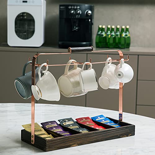 MyGift Modern Tea And Coffee Mug Rack Countertop, 6 Hook CopperTone Metal Mug Holder With Burnt