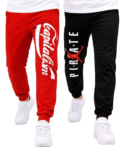 Image of KYDA KIDS Boys 100% Cotton Track Pants | Premium Printed Soft Single Jersey Fabric | Elastic Waist Loose Fit Summer Full Length with Rib Hem (Pack of 2)