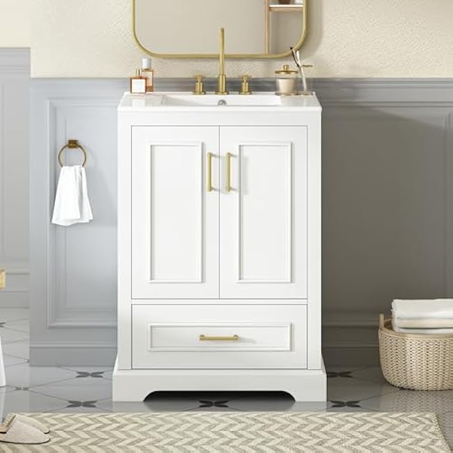 24 Bathroom Vanity with Sink, Solid Wood Bathroom Cabinet with 2 Soft-Close Doors and 1 Divided Drawer, Dual Door Storage Racks, Ample Storage Space, Freestanding Vanity (Black/8)