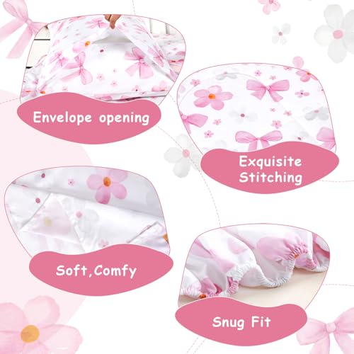 Image of Hooyax Toddler Bedding Set for Girls - 4 Piece Bow Toddler Comforter Set Includes Fitted Sheet, Comforter, Pillowcase & Flat Sheet - Soft Comfort Microfiber for All Seasons