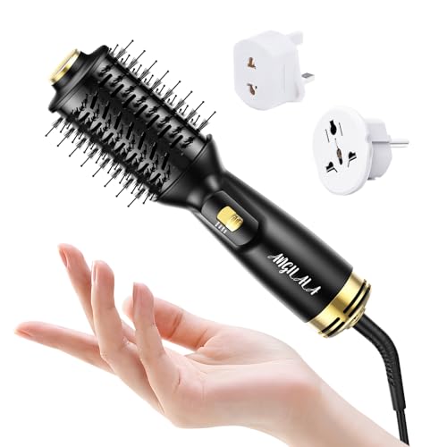 ANGILALA Dual Voltage(120~240V) Mini Hair Dryer Brush with European Plug Adapter for International Travel, Europe Travel Essentials for Women