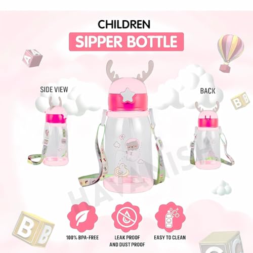 Image of Antlers Water Bottle for Kids 600ml BPA Free | Soft Silicone Sipper Transparent Bottle for Boys & Girls | Reusable Leak Proof with Strap for School, Sports, Travel & Outdoor Use - Pack of 2(Pink)