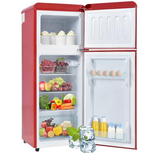 Retro Refrigerator Freezer Combo, Energy Efficient, Two-Door Design with LED Lighting for Home Use