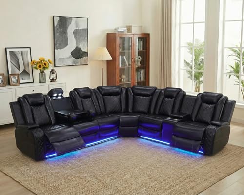 Ocstta Power Recliner Sectional Sofa with LED, Breathing Leather Sectional Couch for Living Room, Reclining Corner Couch with USB Port&Cup Holder (Black)