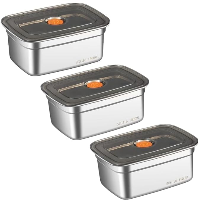 Marve Fridge Storage Box 316 Stainless Steel Food Storage Containers | Food Grade, Leakproof Kitchen Organizer | Freshness Locking, Microwavable & Freezer Safe, Silver With Lid (1500 Ml 3 Pcs)