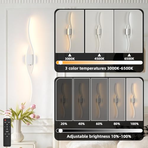Image of Battery Powered Wall Sconces Set of 2, White 39.4 inch LED Dimmable Wall Sconce with Remote Control /Timer /Memory, USB Rechargeable Wall Lights for Living Room Bedroom Hallway