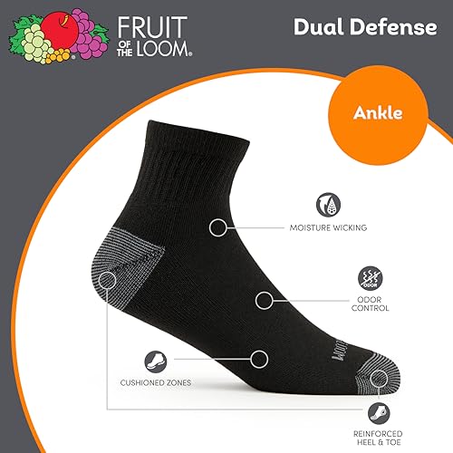 Image of Fruit of the Loom Men's Dual Defense Ankle Socks, Odor Protection with Half Cushion, Multi-Packs