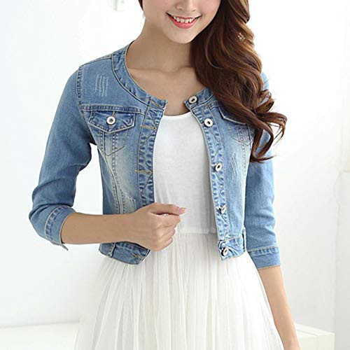 Women's Short Denim Jacket Round Neck Denim Three Quarter Sleeves Light Blue Jacket (Light Blue, L) #TOP1