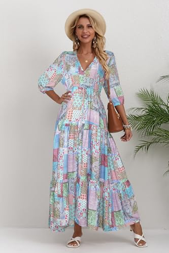Image of Women Short Sleeve V Neck Floral Print Casual Bohemian Maxi Dresses