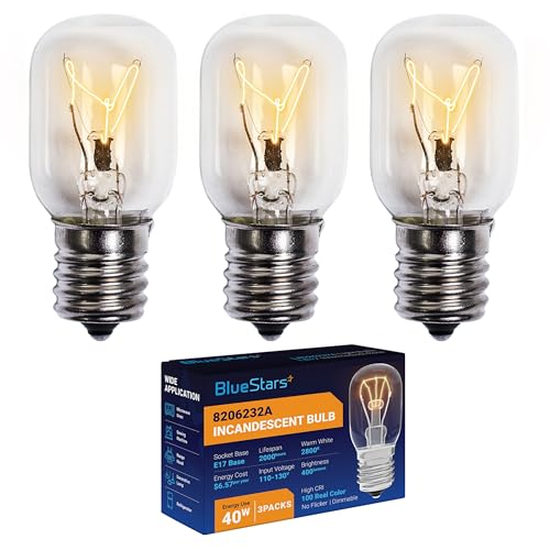 BlueStars 8206232A KEI 125V 40W Microwave Bulb E17 Base, Compatible with Whirlpool Microwave Light Bulb Under Hood, Lava Lamp, Salt Lamp Bulbs, Replaces 1890433 8206232 AP4512653, 3 Packs