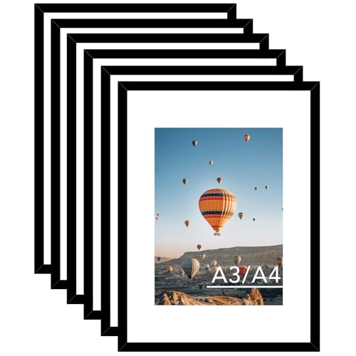 JCJMY 11.7x16.5 A3 Picture Frame Set of 6 Black with A4 Mat, Display Photo 8.3x11.7 with Mat or 11.7 x 16.5 Without Mat, Wall Hanging Large Frame with Plexiglass, 6 Pack, Black