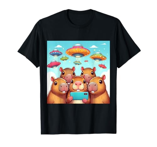 Weird Funny Graphic Tee Capybaras Selfie with UFOs T-Shirt